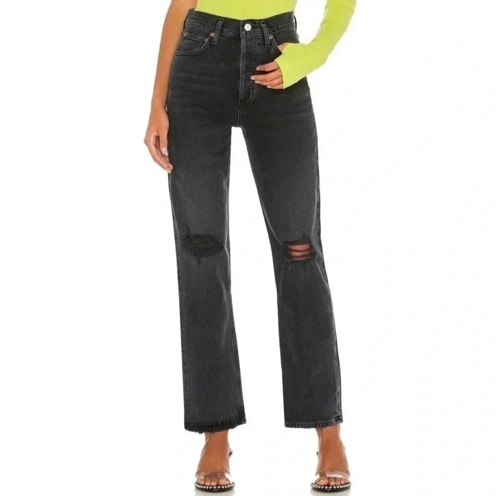 Agolde 90's Pinch Waist Black Fuse‎ Women’s 27 Button Fly Distressed Neutral